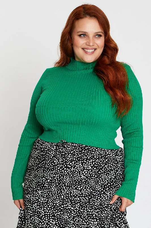 Green Knit Top High Neck Long Sleeve Rib Semi Crop