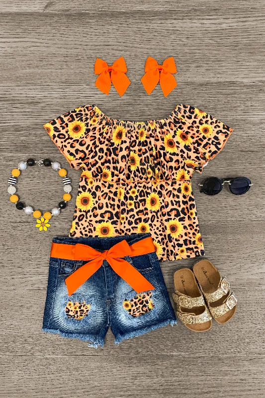 Cheetah & Sunflowers Denim Short Set