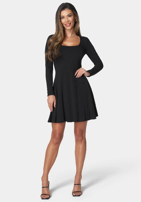 Rib Long Sleeve Godet Dress