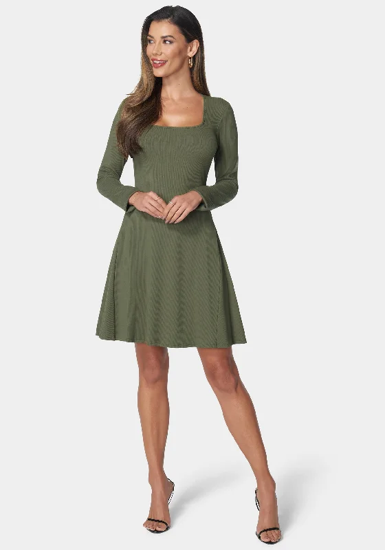 Rib Long Sleeve Godet Dress