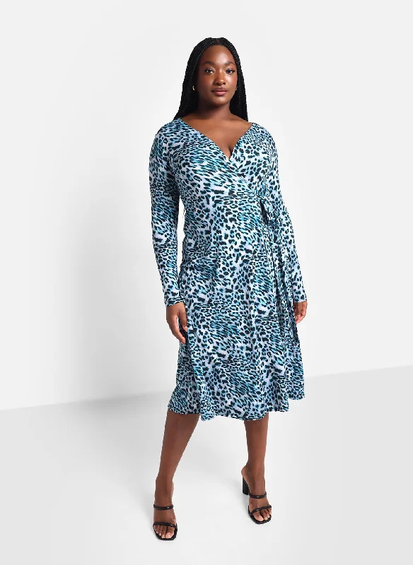 Darla Blue Leopard Midi Wrap Dress