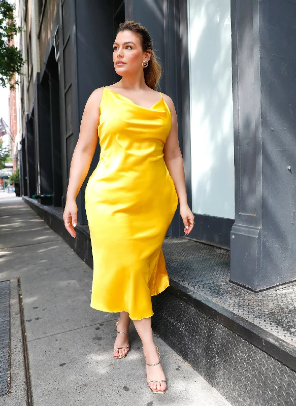 High Key Satin Cowl Neck Midi Shift Dress - Yellow